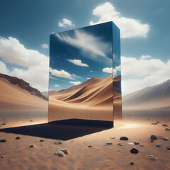 mirror monolith standing in the desert sunset time cloud, rectangle shape mirror desert, light blue and pink sky, square glass reflection mirror light, 3d rendered surreal, digital art, photorealistic