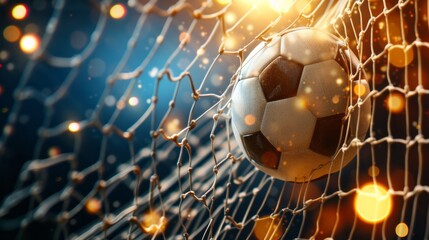 Soccer ball breaks the soccer net with copyspace for text - obrazy, fototapety, plakaty