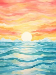 A painting depicting a vibrant sunset casting warm hues over the ocean, with waves gently rolling onto the shore.