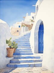 A painting featuring a blue door with steps leading up to it. The scene is depicted with artistic flair.