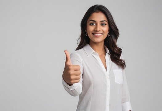 A young woman with a friendly smile wearing a white T-shirt, giving a thumbs up as a sign of approval and positivity.