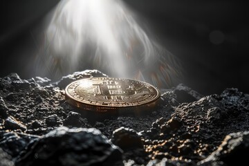 one coin with the bitcoin logo lies on a stone surface under a ray of light.  digital currency concept. Copy space 