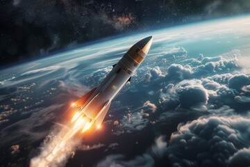 a rocket flies on the ground in the clouds in space.  space for text or advertising