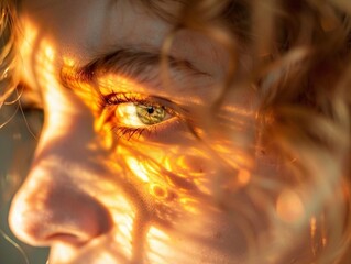 photo, in good lighting, of a person born under the zodiac sign Leo, iridescent colors golden light, light gray, light orange and light green, play of light and shadows Concept of astrologers.