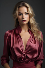 Naklejka premium A woman in a berry pink silk shirt tied at the front collar up. Long wavy blonde hair. Dark grey background. AI