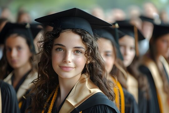 Chica adolescente sonriendo vestida con atuendo de graduacion con estola dorada rodeada de sus compa&ntilde;eros de clase.