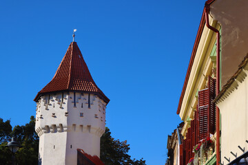 Medieval Carpenters Tower in downtown of the largest saxon city of Transylvania, Sibiu, Romania