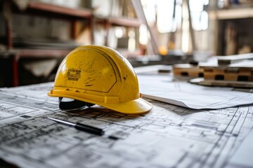 Casco de seguridad en planos de construcción