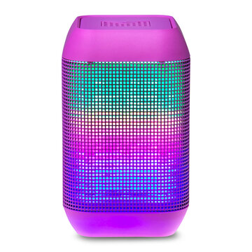 Pink portable bluetooth speaker with colorful LED lights isolated on white background