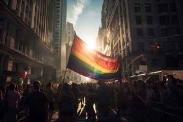 LGBTQ Pride intersectionality. Rainbow discrepant colorful epigender diversity Flag. Gradient motley colored mob LGBT rights parade festival appreciation diverse gender illustration - obrazy, fototapety, plakaty