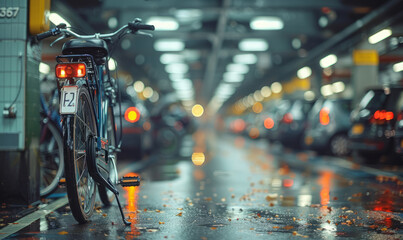 Bicycle parked in the rain in the city - obrazy, fototapety, plakaty