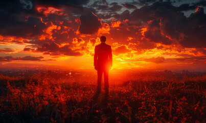 Man stands in field at sunset