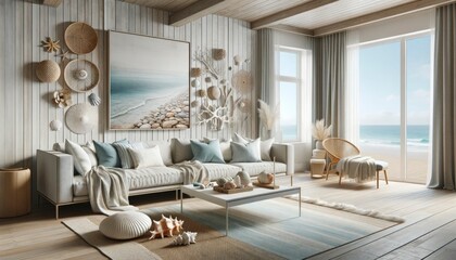 A coastal-style modern living room with a soothing color palette of blues, whites, and sandy hues. Natural textures from driftwood and seashells decorate the space.AI Generative - obrazy, fototapety, plakaty