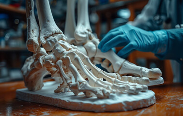 Doctor or scientist working with skeleton in lab - obrazy, fototapety, plakaty