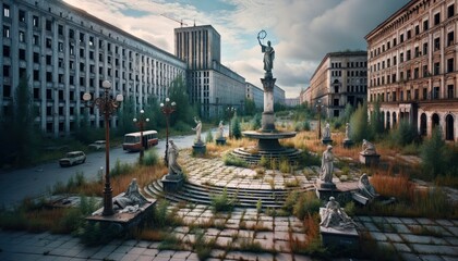 A once bustling city square, now abandoned with remnants of statues, fallen lampposts, and overgrown vegetation. AI Generated - obrazy, fototapety, plakaty