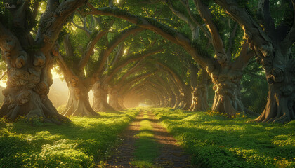 Beautiful green tunnel of trees with dirt road