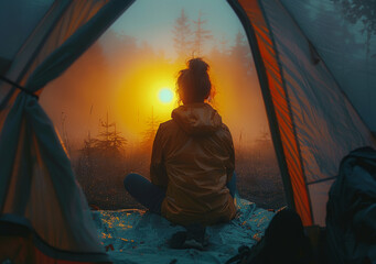 Woman sitting in tent watching the sunrise