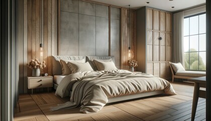 A serene modern bedroom showcasing farmhouse interior design. The bed, decked with beige pillows, contrasts beautifully with the rustic bedside cabinet. 
