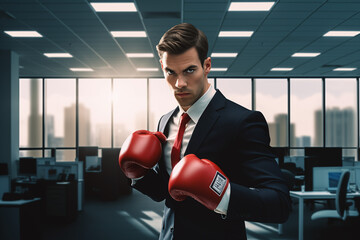 A brunette male businessman in a dark business suit and red tie and red boxing gloves against the background of an office with computers. Illustration of struggle and aggression in business - obrazy, fototapety, plakaty