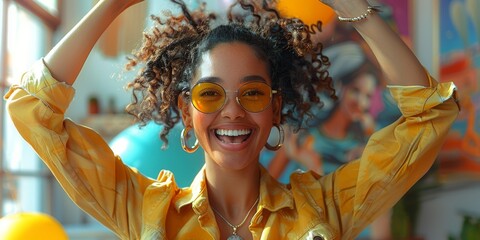 A joyful woman, adorned in vibrant yellow sunglasses and clothing, radiates happiness as she dances to the lively beat of samba outdoors - obrazy, fototapety, plakaty