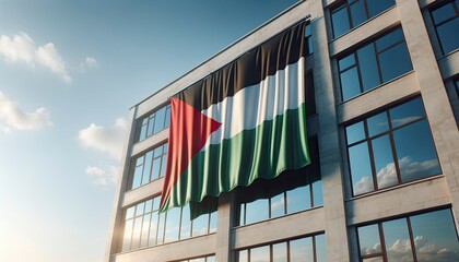 A render of the Palestine flag hanging vertically from a building's facade, reflecting the flag's colors in nearby windows. AI Generated - obrazy, fototapety, plakaty
