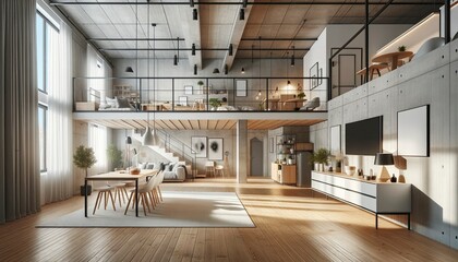 A spacious modern Scandinavian loft apartment. The design seamlessly combines functionality and style, with ample natural light illuminating the minimalist decor and furnishings. AI Generative.