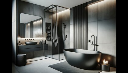 A sophisticated bathroom design emphasizing a matte black bath as the focal point. AI Generative.