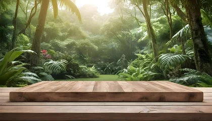 Fotobehang Photo 3d wooden table with a tropical forest or garden background for product placement © Zulfi_Art