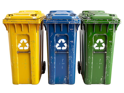 Three recycling bins isolated on a white background, blue, yellow, and green, for glass, paper, and plastic.