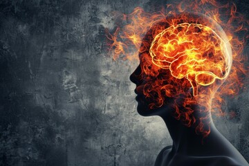 Ilustración de cerebro con efecto de fuego - obrazy, fototapety, plakaty