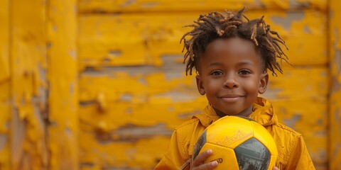 A beaming young boy proudly holds a vibrant football ball, his sunny yellow clothing standing out against the outdoor scenery, capturing the essence of youth and joy in this heartwarming portrait - obrazy, fototapety, plakaty