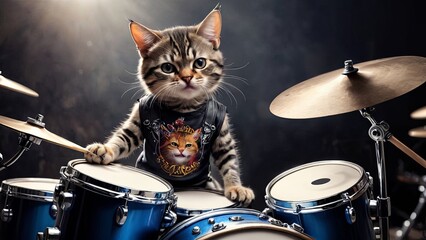 Fototapeta na wymiar Feline Groove Master: Cat Drummer in Leather Jacket