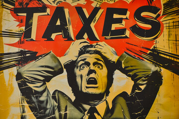 Obraz premium Vintage illustration of a stressed man holding his head and worrying about taxes