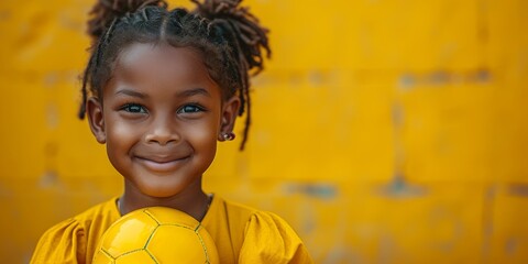 A joyful young girl with a radiant smile holds a vibrant yellow ball against a plain wall, showcasing the innocence and playfulness of childhood - obrazy, fototapety, plakaty