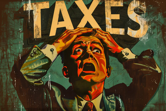 Stressed man holding his head and worrying about taxes, vintage illustration