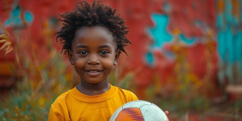 A young child's joy shines through their bright smile as they hold a football, their clothing and portrait reflecting the playful energy of the outdoor setting in this captivating human face art piec - obrazy, fototapety, plakaty