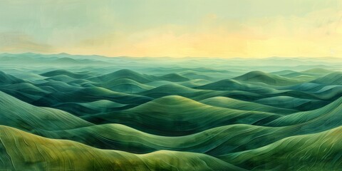 A vibrant painting captures the peaceful essence of nature with a sprawling landscape of rolling green hills and majestic mountains under a clear blue sky, inviting one to escape into the tranquil ou