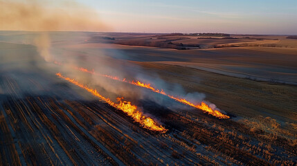 Aerial View of Controlled Agricultural Burn on Farmland, Strategic Land Management, Fire Line in Crop Field, Environmental Agricultural Practice, Sunset Over Rural Landscape