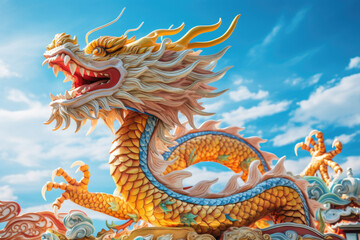 Chinese dragon. Animal bright statue in clear electric blue sky