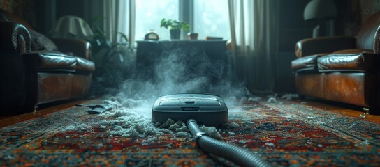 Efficiently sucking up dust and crumbs, the trusty vacuum glides over the soft carpet, leaving the indoor room looking immaculate and the furniture feeling refreshed near the cozy couch against the w - obrazy, fototapety, plakaty