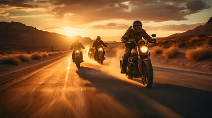 motorcycle riders traveling down a desert road at sunset