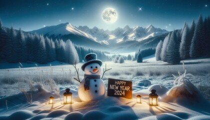A snow-covered meadow with a backdrop of mountains, featuring a snowman holding a sign that reads Happy New Year 2024, surrounded by lanterns. AI Generated