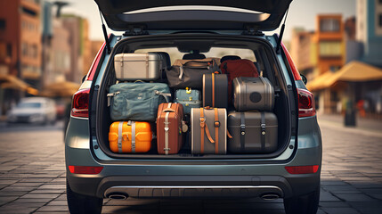packed trunk of a compact suv with luggage in front - obrazy, fototapety, plakaty