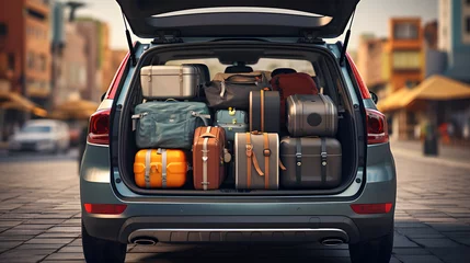 Fototapeten packed trunk of a compact suv with luggage in front © Oleksandr