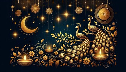 A starry night scene where golden peacock silhouettes with ornate tail feathers sit on branches, surrounded by twinkling stars, glowing moons, and floating diyas. AI Generative.