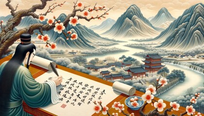 A traditional Chinese scroll painting depicting a serene landscape, with a scholar under a blossoming plum tree. AI Generated