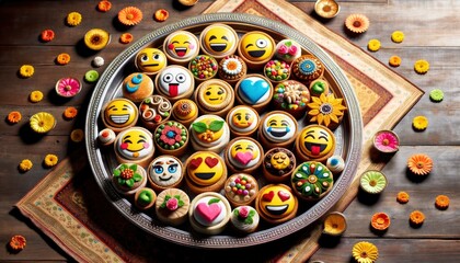 A decorative platter filled with traditional Diwali sweets, each garnished with a playful emoji design. AI Generative.