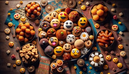 A spread on a table featuring various Diwali delicacies, from to jalebis, each adorned with a distinct emoji face. AI Generative.