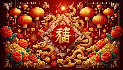 A festive background with vibrant red and gold tones, featuring patterns of lanterns, fireworks, and dragons. The Chinese characters for prosperity and luck are prominently displayed. AI Generated