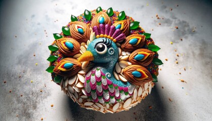 A vibrant Diwali sweet designed to look like a peacock's head, made with coconut, and flavored syrups, and detailed with slivered almonds and currants. AI Generative.